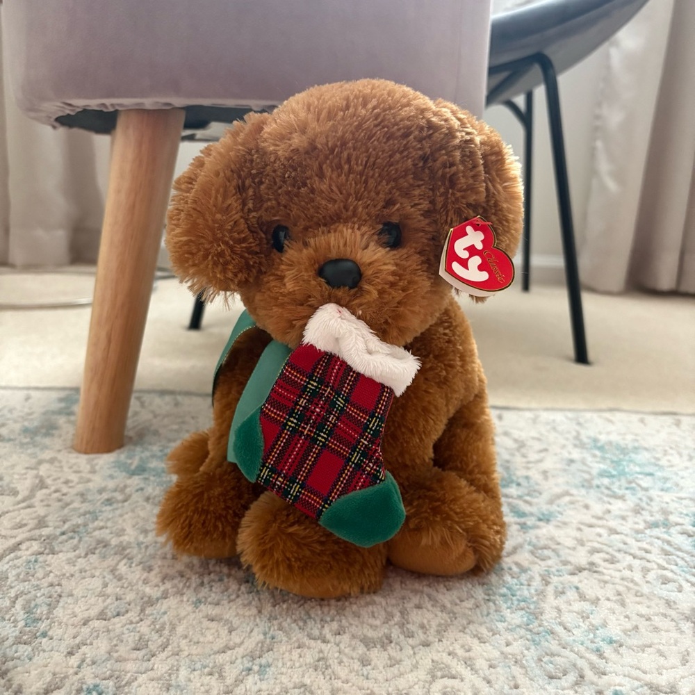 Ty Brown Stuffed Dog with Red & Green Accents
